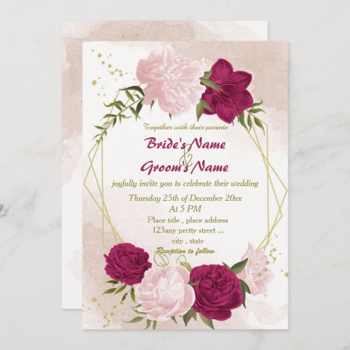 magenta pink flowers green leaves wedding invitation