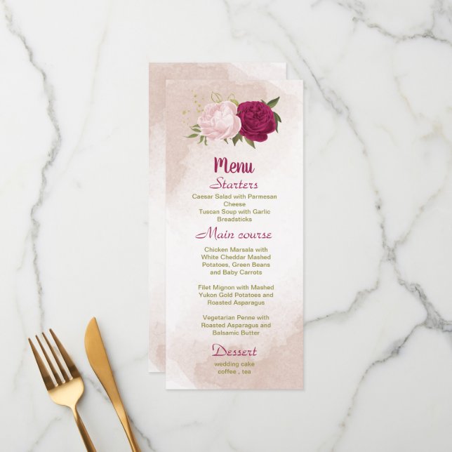 magenta pink flowers green leaves wedding menu (Front/Back In Situ)