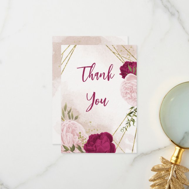magenta pink flowers green leaves wedding thank you card (Front/Back In Situ)