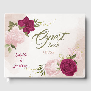 magenta pink flowers greenery guest book