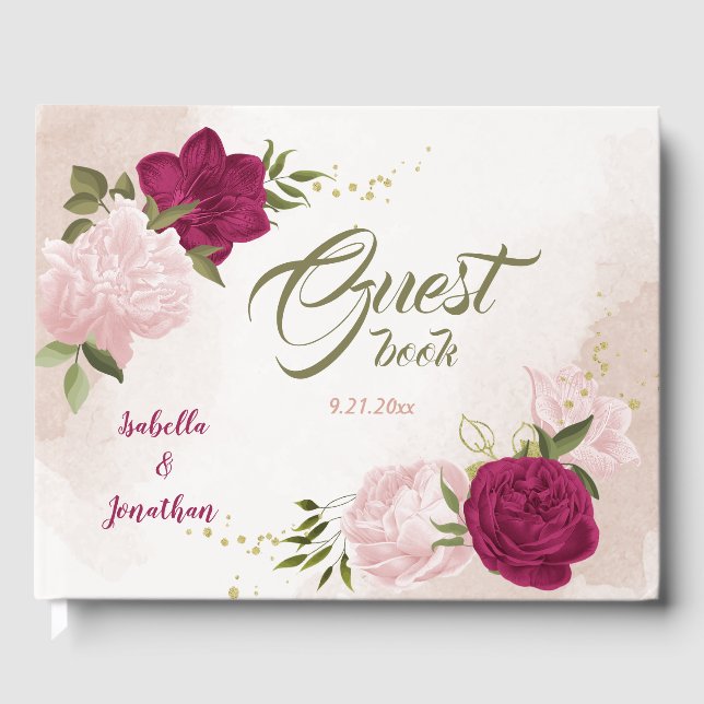 magenta pink flowers greenery guest book (Front)