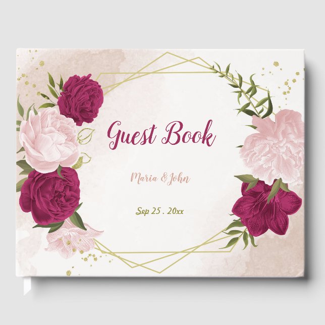 magenta pink flowers greenery  guest book (Front)
