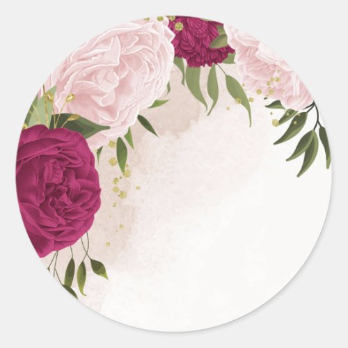 magenta pink flowers greenery wedding classic round sticker