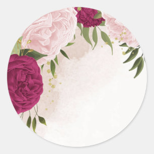 magenta pink flowers greenery wedding classic round sticker