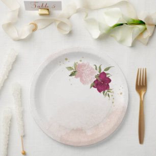magenta pink flowers greenery wedding paper plates
