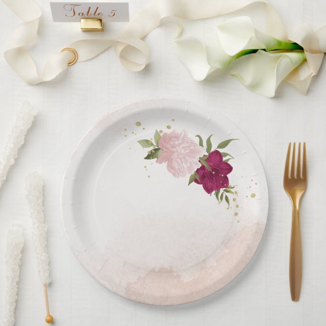 magenta pink flowers greenery wedding paper plates (Wedding)