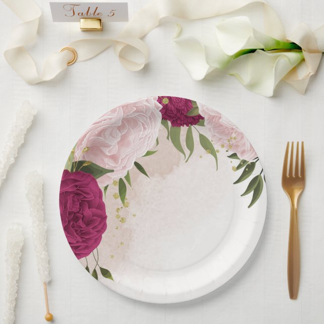 magenta pink flowers greenery wedding paper plates (Wedding)