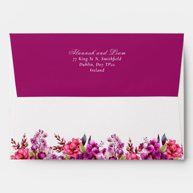 Magenta Pink Fuchsia Floral Wedding Envelope (Back (Top Flap))