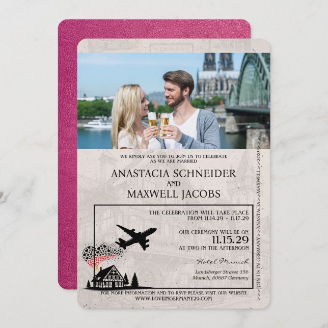 Magenta Pink Germany Passport Wedding Invitation (Front/Back)