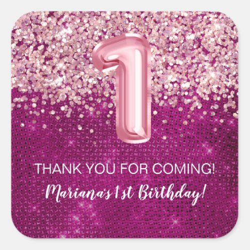 Magenta Pink Girl 1st Birthday Party Favors Square Sticker
