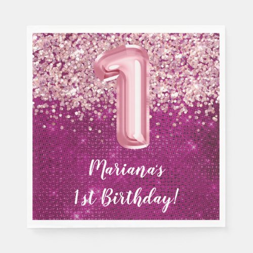 Magenta Pink Girl 1st Birthday Party Napkins