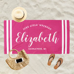 Magenta Pink Girls Weekend Personalized Name Beach Towel<br><div class="desc">Personalized beach towel design for a girls' weekend vacation getaway features a custom first name in modern script writing framed by coastal stripes,  with custom text for the occasion. The magenta pink background color can be modified. Please visit our shop for other color options.</div>