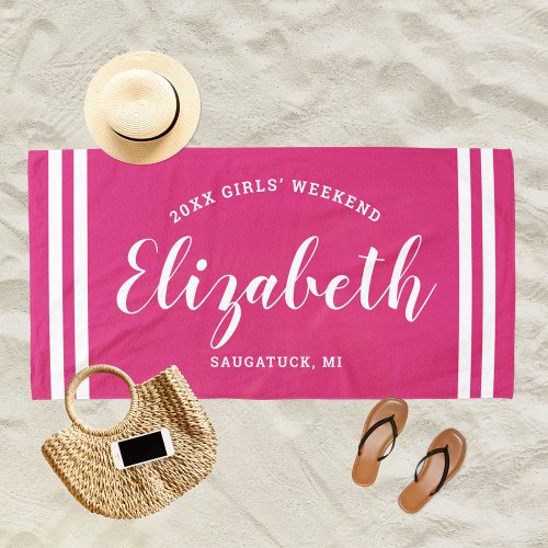 Magenta Pink Girls Weekend Personalized Name Beach Towel
