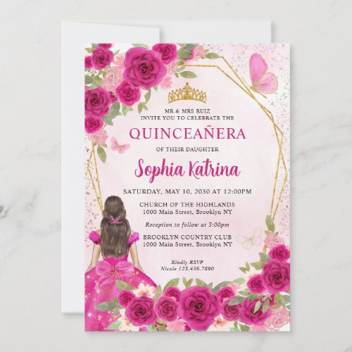 Magenta Pink Glam Gold Floral Princess Quinceaera Invitation