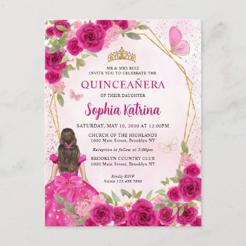 Magenta Pink Glam Gold Floral Princess Quinceaera Invitation Postcard