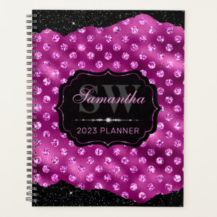 Magenta Pink Glitter Dots & Black Edges Monogram Planner