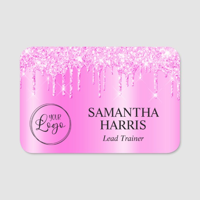 Magenta Pink Glitter Drips Shimmer Name Tag (Front)