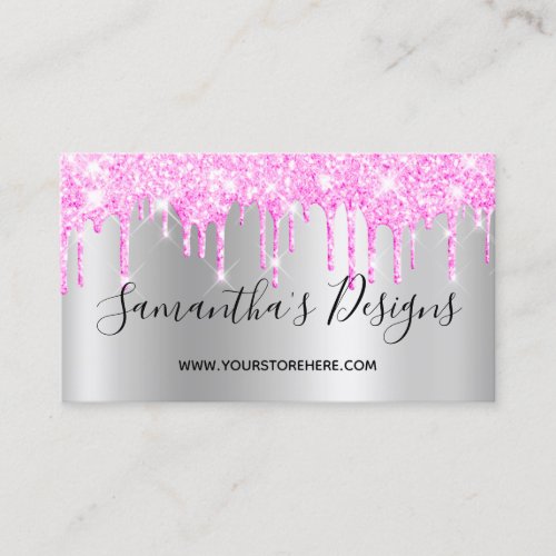 Magenta Pink Glitter Drips Silver Ombre Business Card