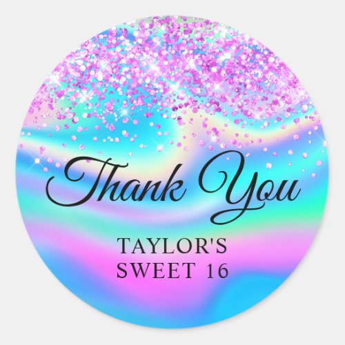 Magenta Pink Glitter Iridescent Sweet 16 Thank You Classic Round Sticker