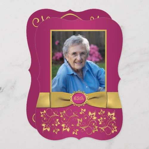 Magenta Pink Gold 65th Photo Birthday Invitation