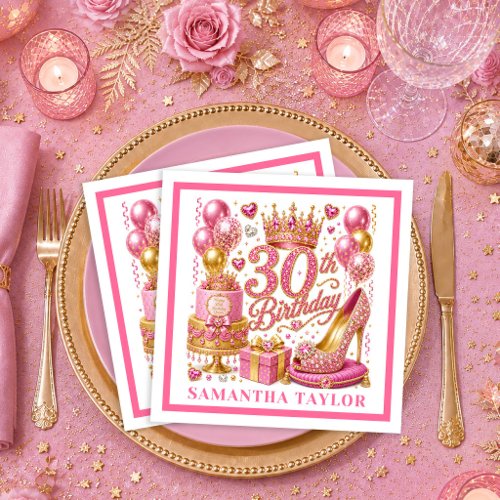 Magenta Pink Gold Confetti 30th Birthday Napkins