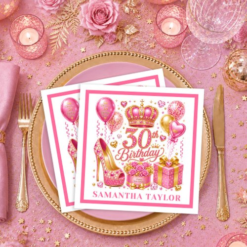Magenta Pink Gold Confetti 30th Birthday Napkins