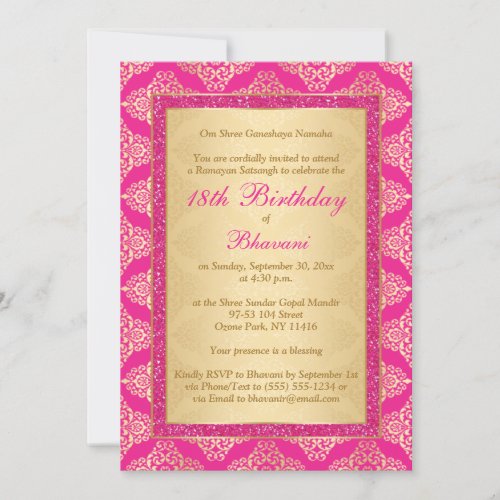 Magenta Pink Gold Damask 18th Birthday Invitation