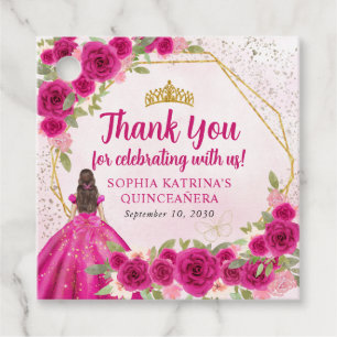 Magenta Pink Gold Floral Princess Crown Thank You Favor Tags