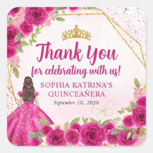 Magenta Pink Gold Floral Princess Crown Thank You Square Sticker