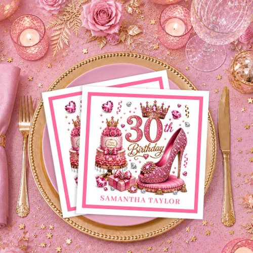 Magenta Pink Gold Glitter 30th Birthday Napkins