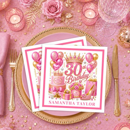 Magenta Pink Gold Glitter 30th Birthday Napkins