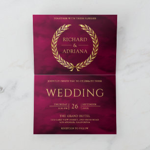 Magenta Pink Gold Laurel Minimal QR Code Wedding Invitation