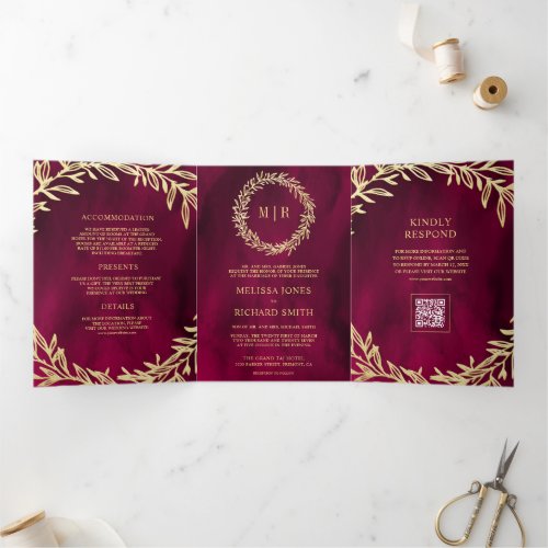 Magenta Pink Gold Leaf Branch QR Code Wedding Tri-Fold Invitation