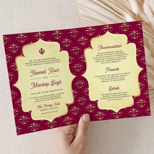 Magenta Pink Gold Ornate Anand Karaj Sikh Wedding Invitation