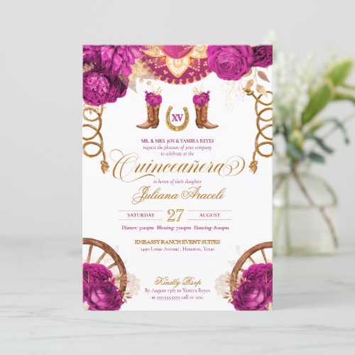 Magenta Pink Gold Rose Country Western Quinceanera Invitation