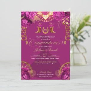 Magenta Pink Gold Roses Charro Western Quinceanera Invitation