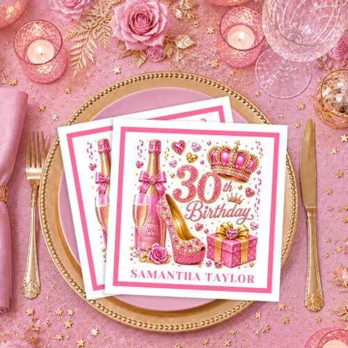 Magenta Pink Gold Sparkle 30th Birthday Napkins
