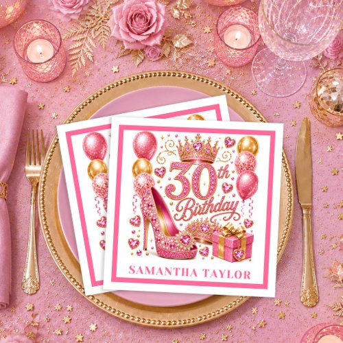 Magenta Pink Gold Sparkle 30th Birthday Napkins