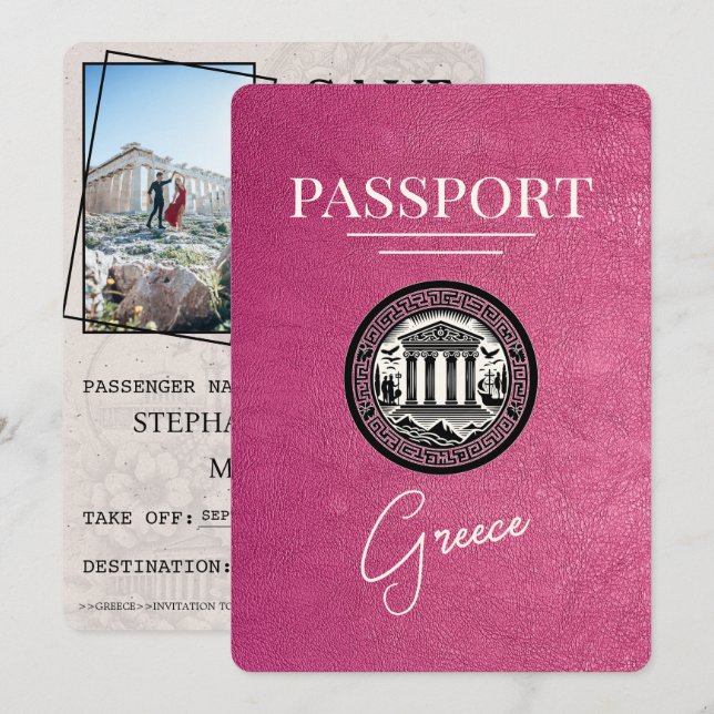 Magenta Pink Greece Passport Save the Date Card (Front/Back)