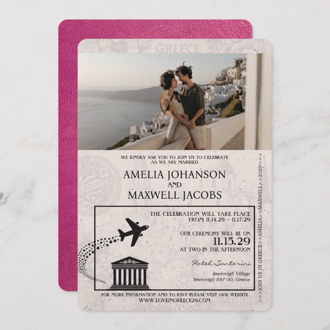 Magenta Pink Greece Passport Wedding Invitation (Front/Back)