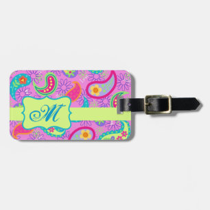 Magenta Pink Green Modern Paisley Pattern Luggage Tag