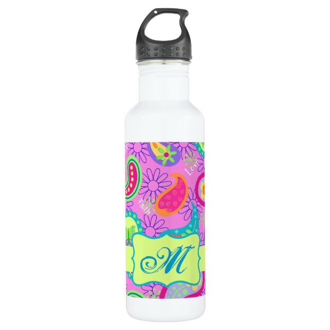 Magenta Pink Green Modern Paisley Pattern Water Bottle (Front)
