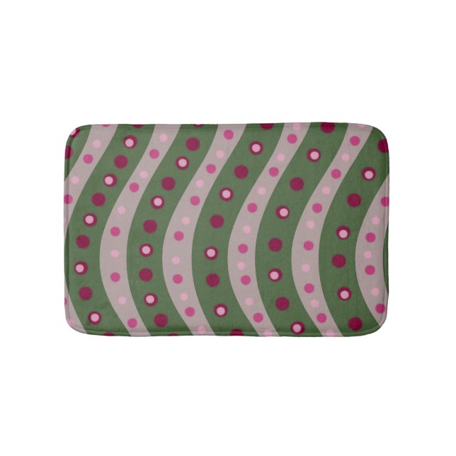 Magenta Pink Green Springtime Polka Dot Patterned Bath Mat (Front)