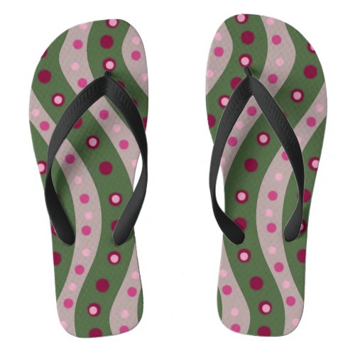 Magenta Pink Green Springtime Polka Dot Patterned  Flip Flops