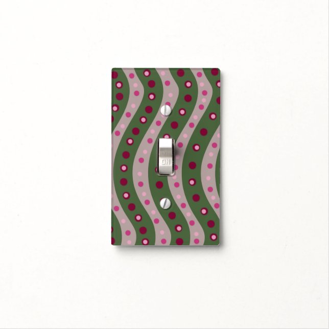 Magenta Pink Green Springtime Polka Dot Patterned Light Switch Cover (In Situ)