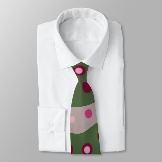 Magenta Pink Green Springtime Polka Dot Patterned Neck Tie (Tied)