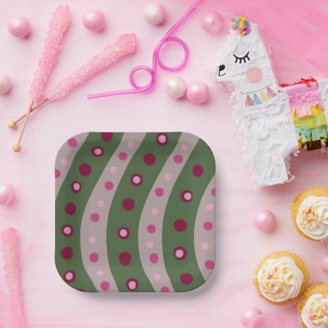 Magenta Pink Green Springtime Polka Dot Patterned Paper Plates (Party)
