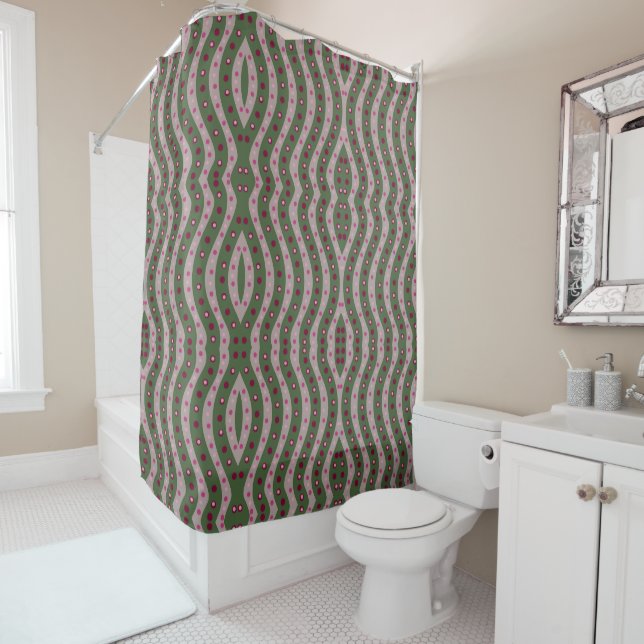 Magenta Pink Green Springtime Polka Dot Patterned  Shower Curtain (In Situ)