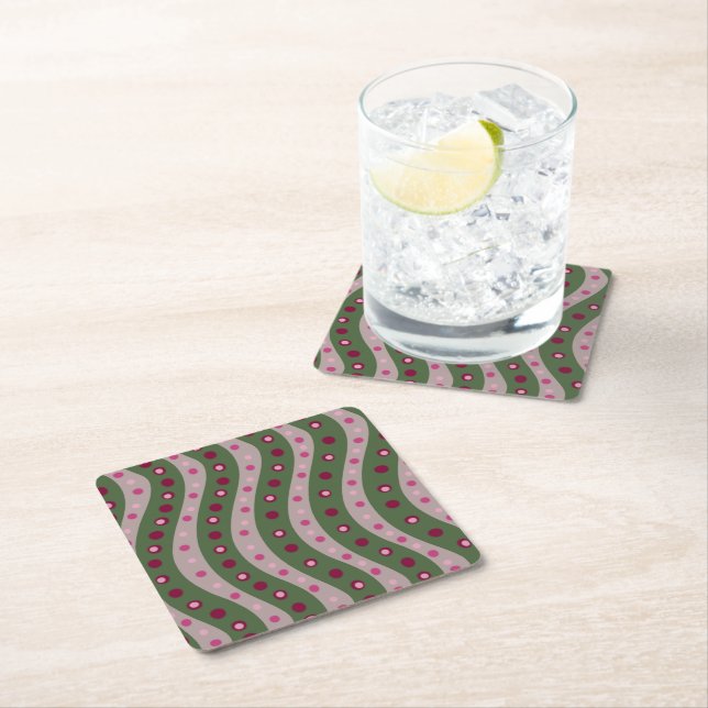 Magenta Pink Green Springtime Polka Dot Patterned Square Paper Coaster (Insitu)
