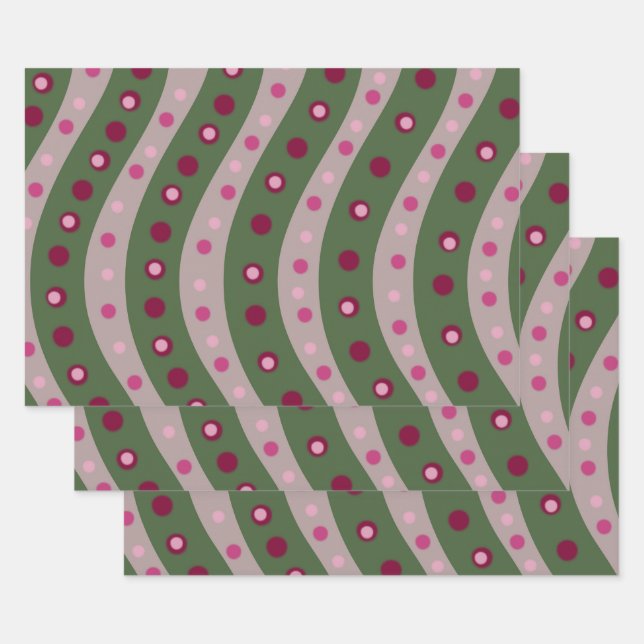 Magenta Pink Green Springtime Polka Dot Patterned Wrapping Paper Sheets (Set)